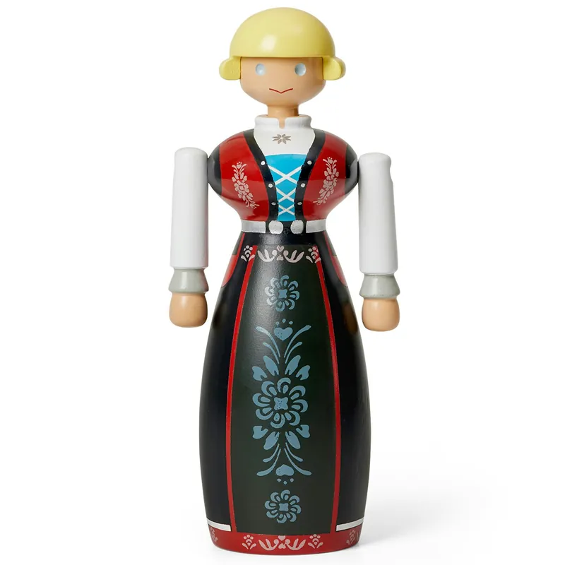 Begränsad tid Norsk Bunad-Kvinna Träfigur, Svart/Röd / Vit