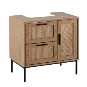 Tvättställsskåp Wohnling melaminbelagd MDF, ek-optik, rottingfront, metallben, modern loftstil 1 dörr, 3 lådor - Förvaring Expressleverans