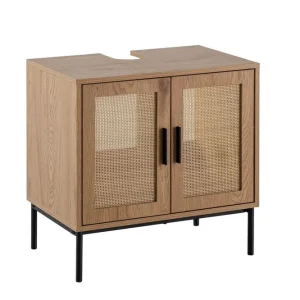Tvättställsskåp Wohnling melaminbelagd MDF, ek-optik, rottingfront, metallben, modern loftstil 2 dörrar - Förvaring Nedsatt pris